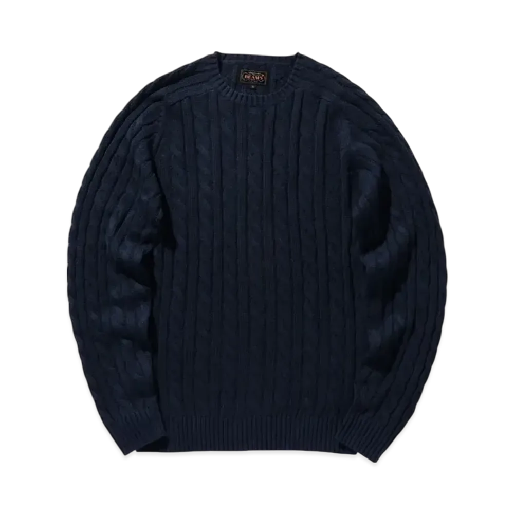 BEAMS Crew Cable Cotton Linen "Navy"