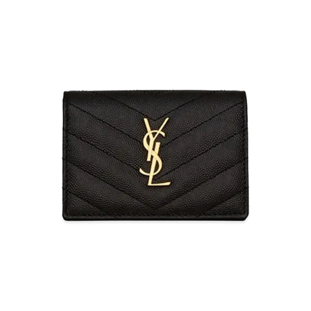 Saint Laurent Monogram Business Card Case In Grain De Poudre Embossed Leather "Black"