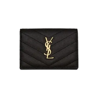 Saint Laurent Monogram Business Card Case In Grain De Poudre Embossed Leather "Black"
