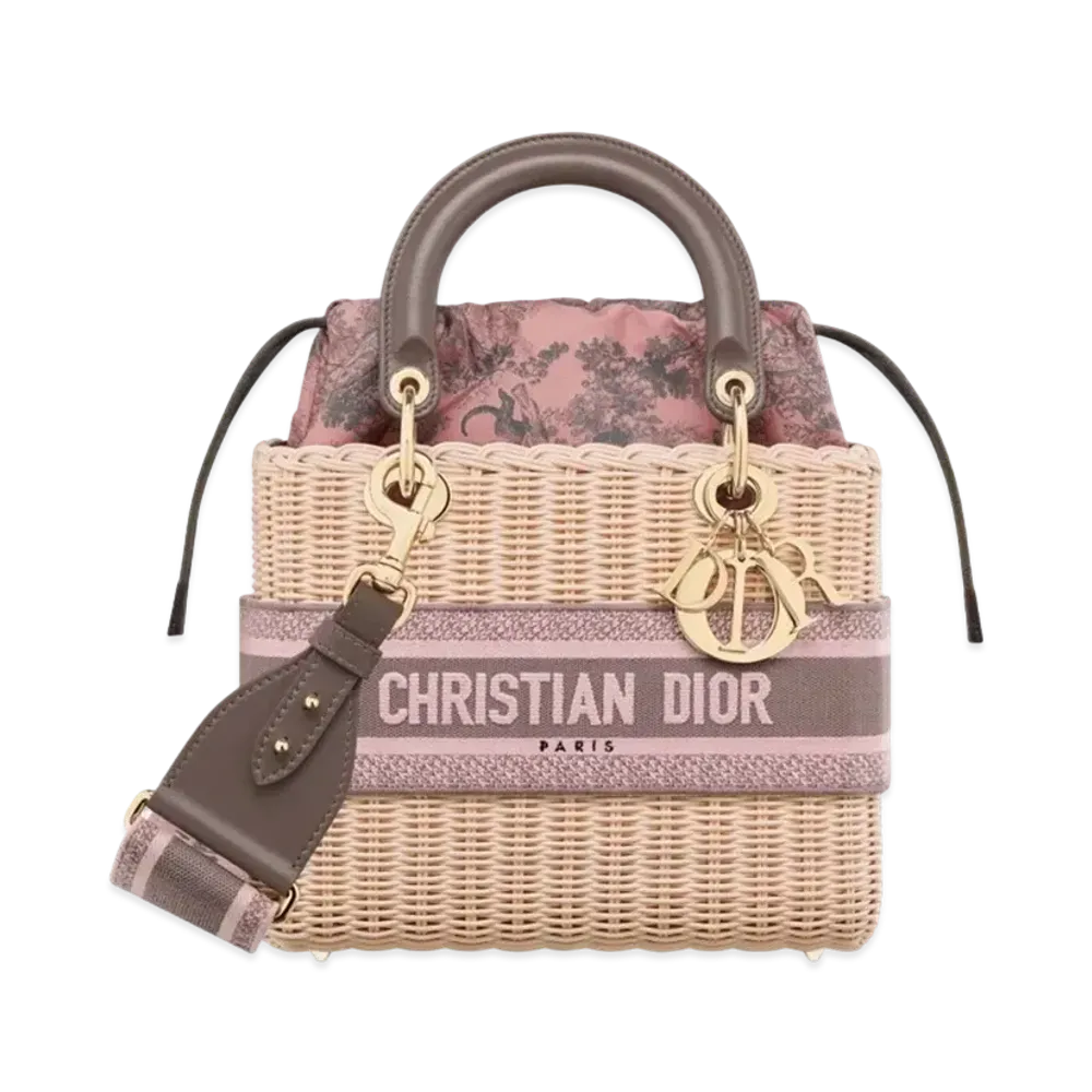 Dior Medium Lady Bag Natural Wicker Toile De Jouy Sauvage Cotton Canvas "Pink/Gray"