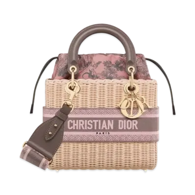 Dior Medium Lady Bag Natural Wicker Toile De Jouy Sauvage Cotton Canvas "Pink/Gray"