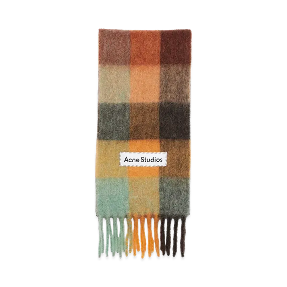 Acne Studios Mohair Check Scarf "Chestnut Brown/Yellow/Green"