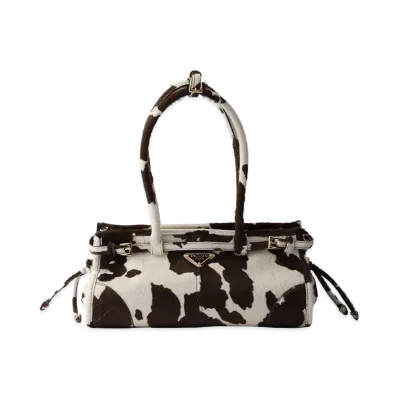 PRADA Bonnie Medium Printed Leather Handbag "White/Dark Brown"