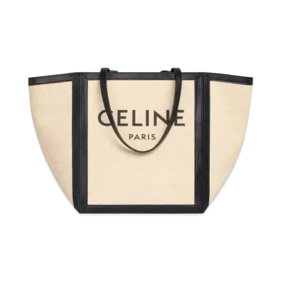 CELINE Large Square in Textile with CELINE Print & Calfskin "Vanilla/Black"