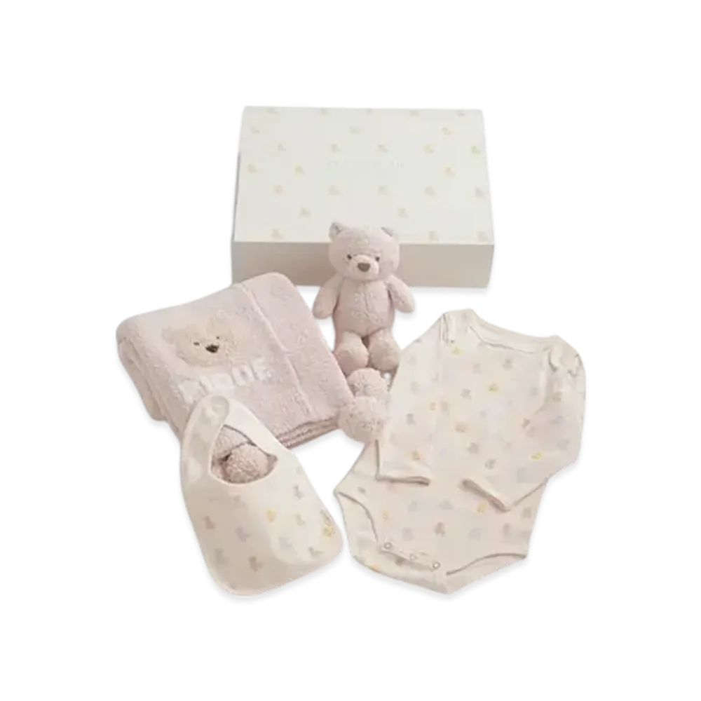GELATO PIQUE Baby Bear Blanket & Stuffed Toy & Bodysuit & Bib 4 Piece Set Gift Box "Pink"