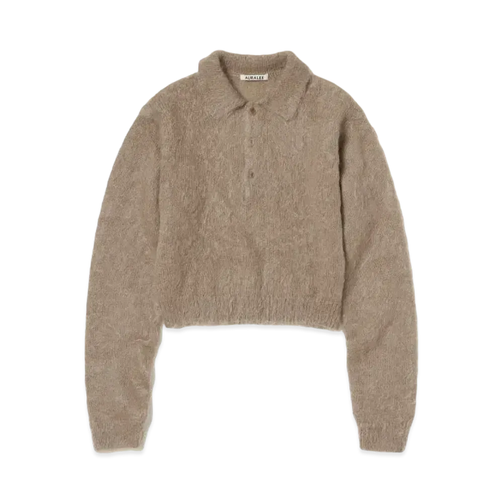 AURALEE Brushed Super Kid Mohair Knit Short Polo "Gray Beige"