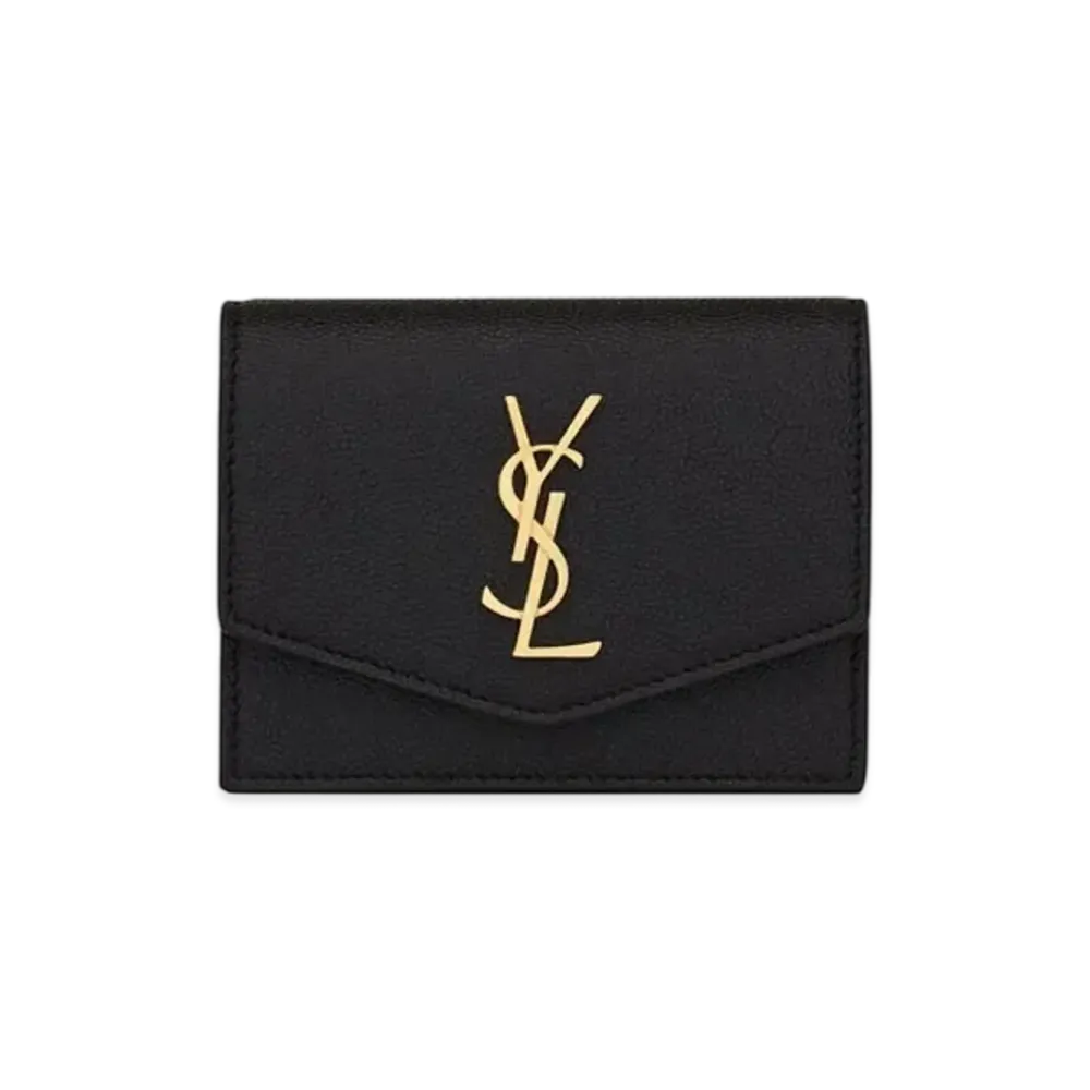 Saint Laurent Uptown Business-Card Case In Grain De Poudre Embossed Leather "Black"
