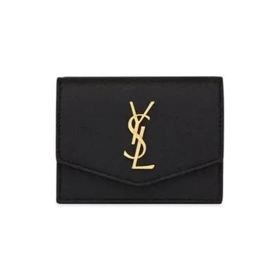 Saint Laurent Uptown Business-Card Case In Grain De Poudre Embossed Leather "Black"