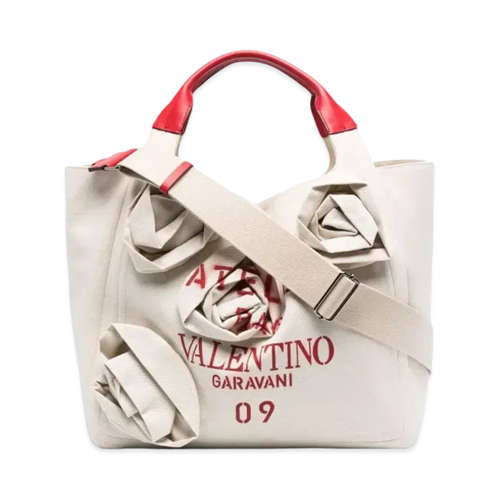 Valentino Large Garavani 09 Rose Blossom Edition Atelier Tote Bag In Canvas "Natural"