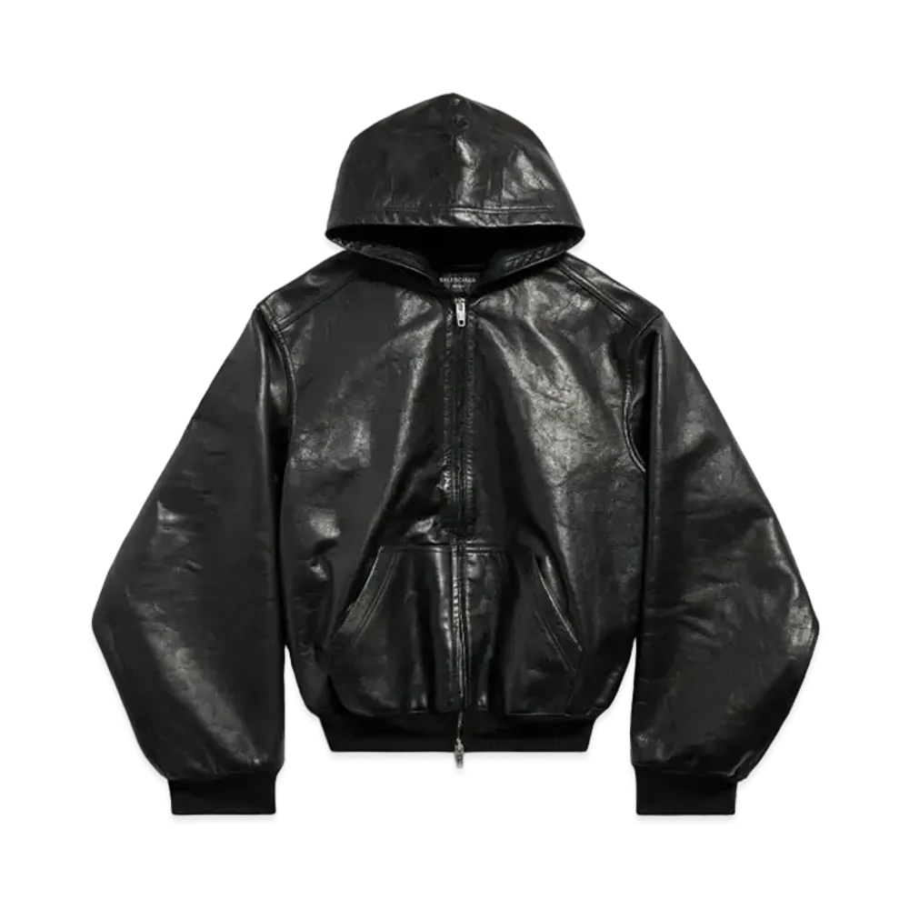 BALENCIAGA Lined Zip-Up Hoodie Large Fit in Shiny Cowskin "Black"