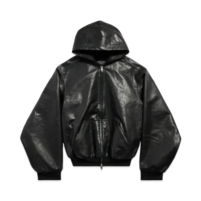 BALENCIAGA Lined Zip-Up Hoodie Large Fit in Shiny Cowskin "Black"