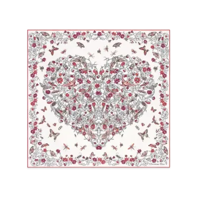 Dior Dioramour Coeur des Curiosites 70 Square Scarf Silk Twill "Ivory/Red"