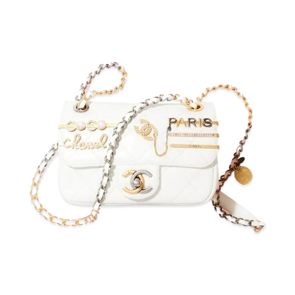 CHANEL Mini Flap Bag Lambskin Costume Pearl & Stras "White"