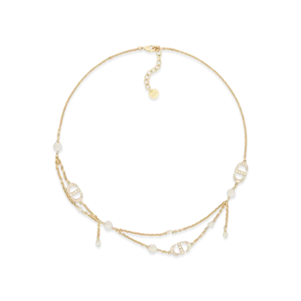 Dior Petit CD Necklace Metal with Resin Pearls and Crystals "Gold/White/Silver"