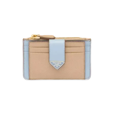 PRADA Saffiano And Smooth Leather Card Holder "Sand/Light Blue"