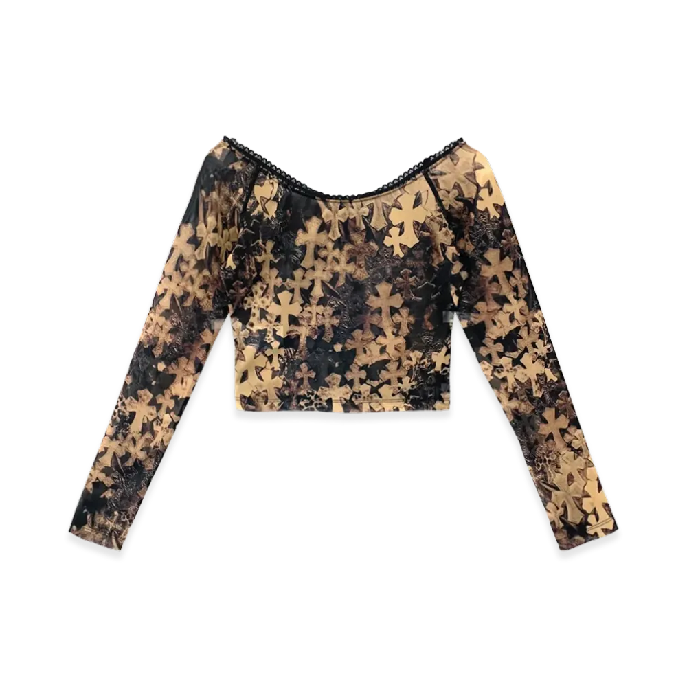 Chrome Hearts Women's All-Over Cross Print Off-Shoulder Mesh L/S Top "Brown"
