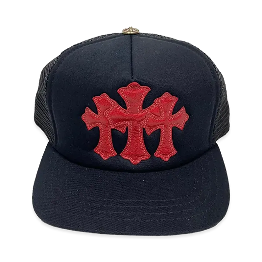 Chrome Hearts 3 Cemetery Leather Patch Mesh Tracker Cap "Black/Red"