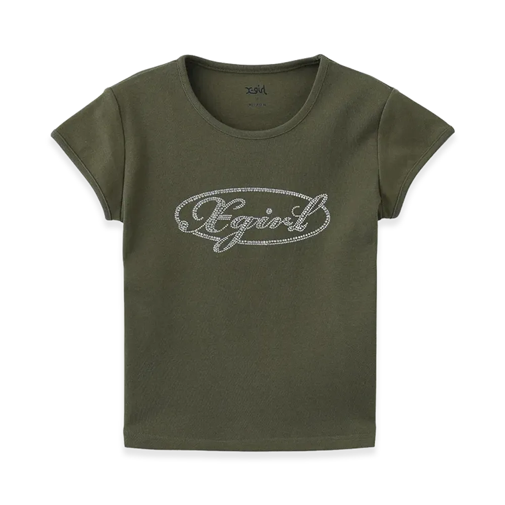 X-Girl Rhinestone Oval Cursive Logo S/S Baby Tee "Olive"