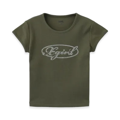 X-Girl Rhinestone Oval Cursive Logo S/S Baby Tee "Olive"
