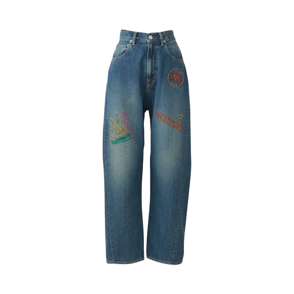 HYSTERIC GLAMOUR Hand-Stitched Embroidery Tapered Denim Pants "Light Indigo Blue"