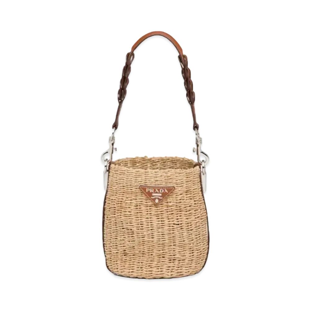 PRADA Cabane Raffia & Leather Bucket Bag "Beige/Cognac"