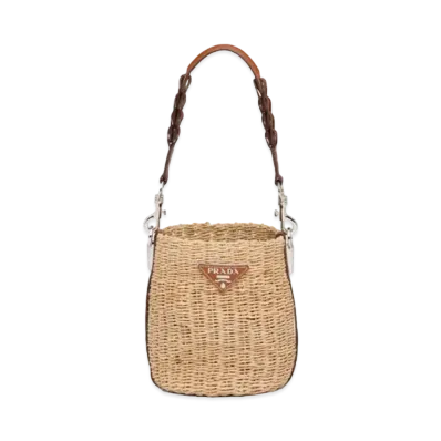 PRADA Cabane Raffia & Leather Bucket Bag "Beige/Cognac"