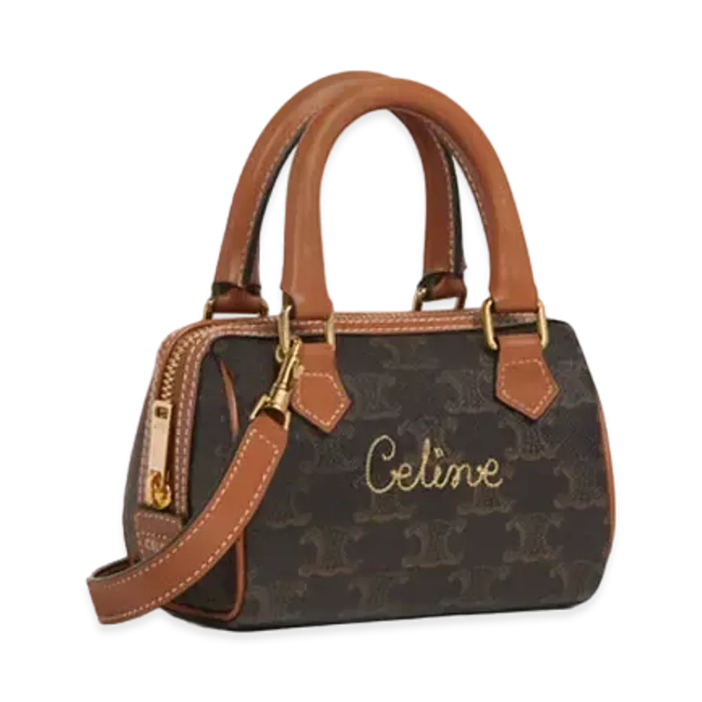 CELINE Mini Boston Bag in Triomphe Canvas with CELINE Cursive "Tan"