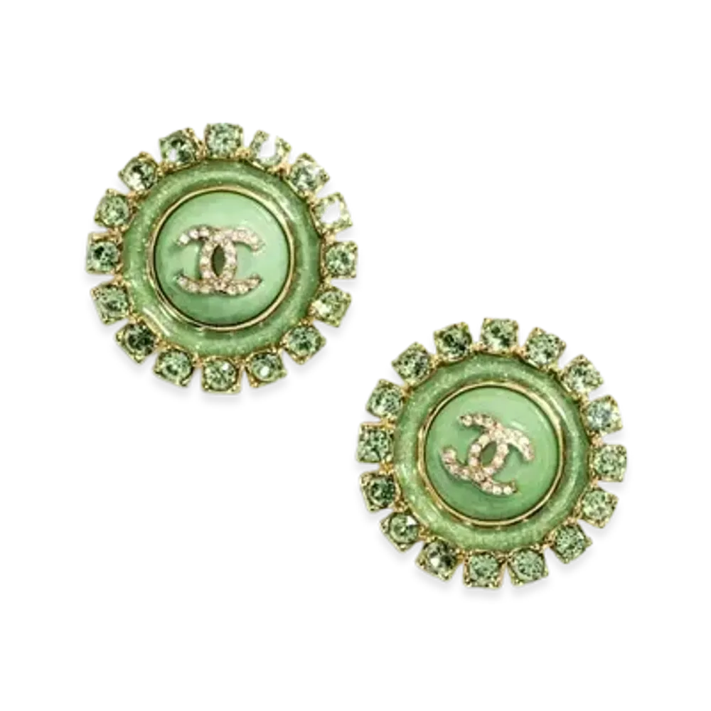 CHANEL Stud Earrings Metal, Resin, Glass Pearls & Strass "Gold/Green/Crystal"