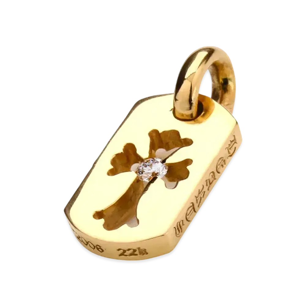 Chrome Hearts 22K Dog Tag Tiny Cut Out Cross with Diamond "Yellow Gold"