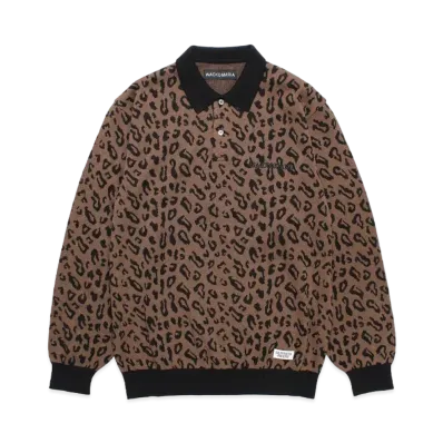 WACKO MARIA Leopard Jacquard Knit Polo Shirt "Brown"