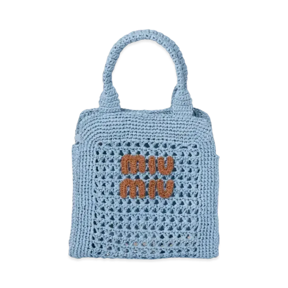 MIUMIU Raffia-Effect Crochet Fabric Tote Bag "Light Blue/Cognac"