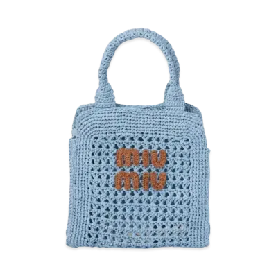 MIUMIU Raffia-Effect Crochet Fabric Tote Bag "Light Blue/Cognac"