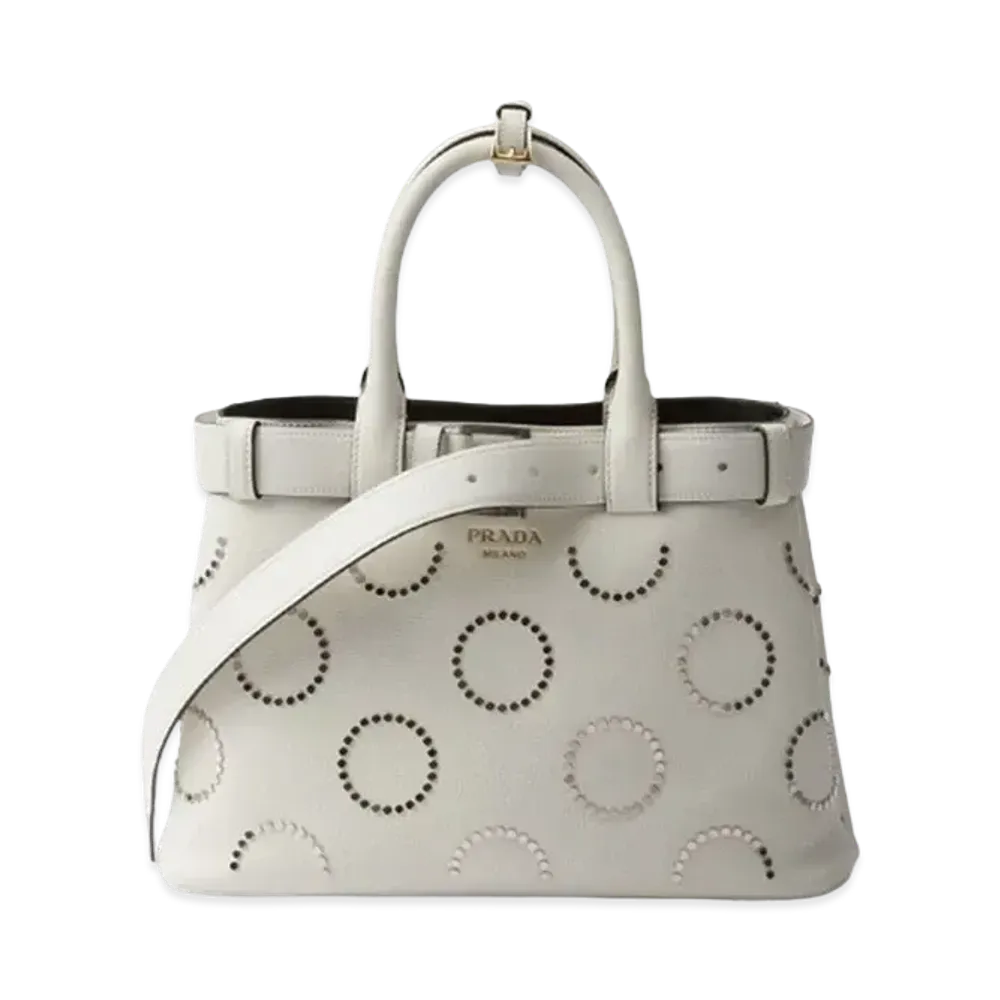 PRADA Buckle Medium Leather Bag with Appliques "Black/White"