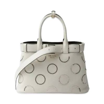 PRADA Buckle Medium Leather Bag with Appliques "Black/White"