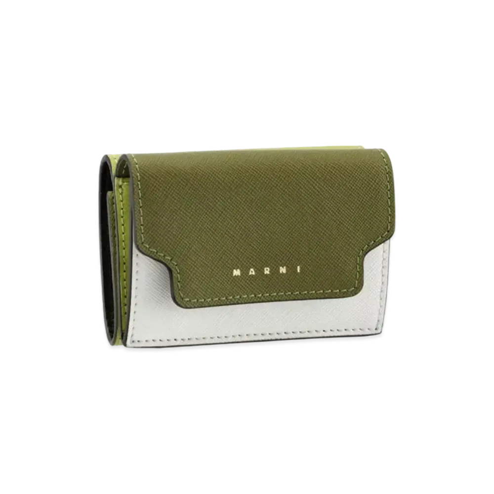 Marni Tone On Tone Green And White Tri-Fold Saffiano Leather Wallet "Olive/Lily White/Lyme"