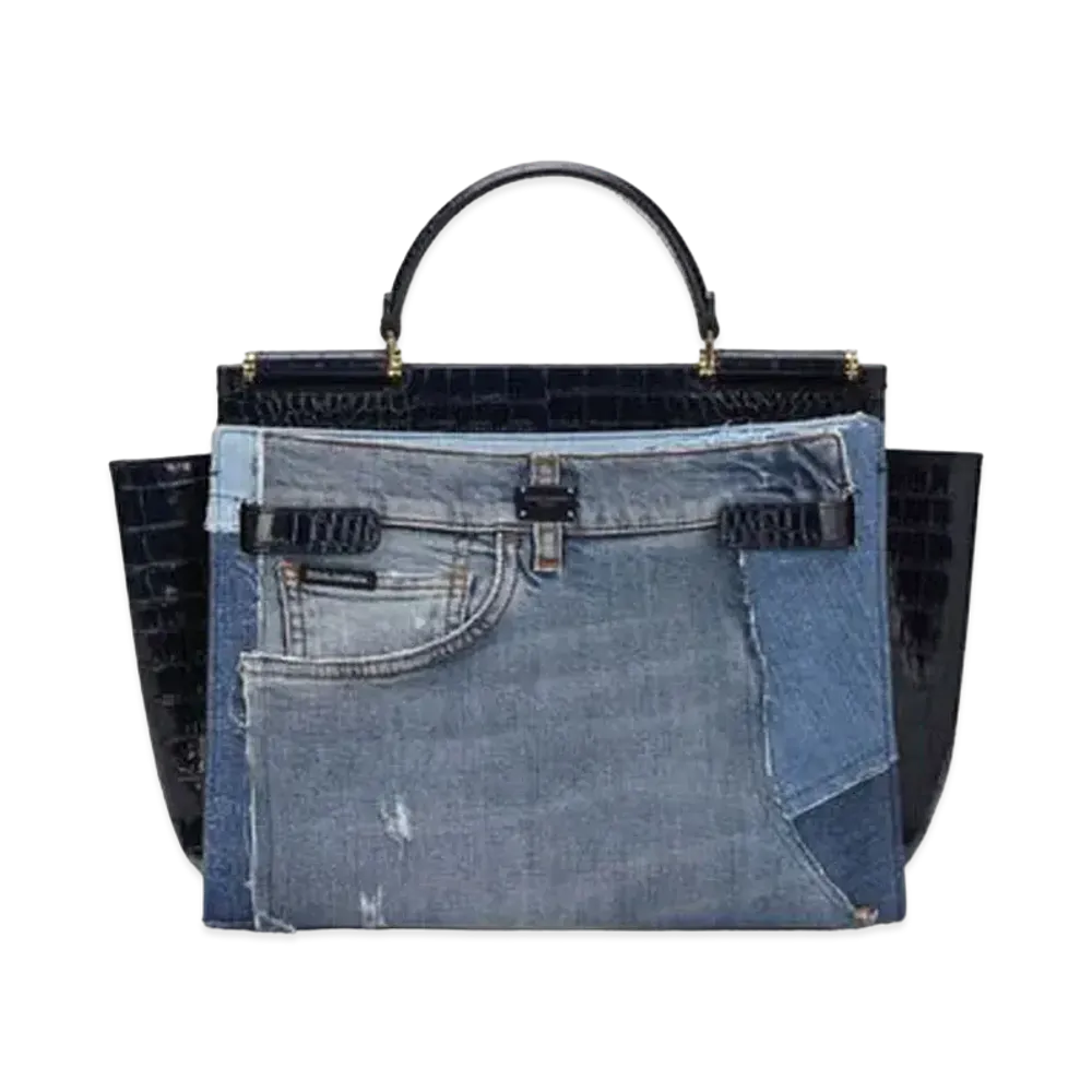 Dolce&Gabbana Sicily 62 Soft Bag Large Denim Patchwork & Calfskin "Blue"