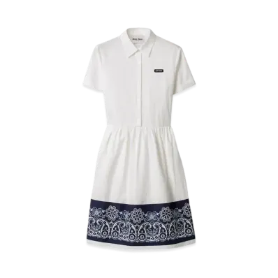 MIUMIU Women's Slubbed Poplin Dress With Print "White/Navy"