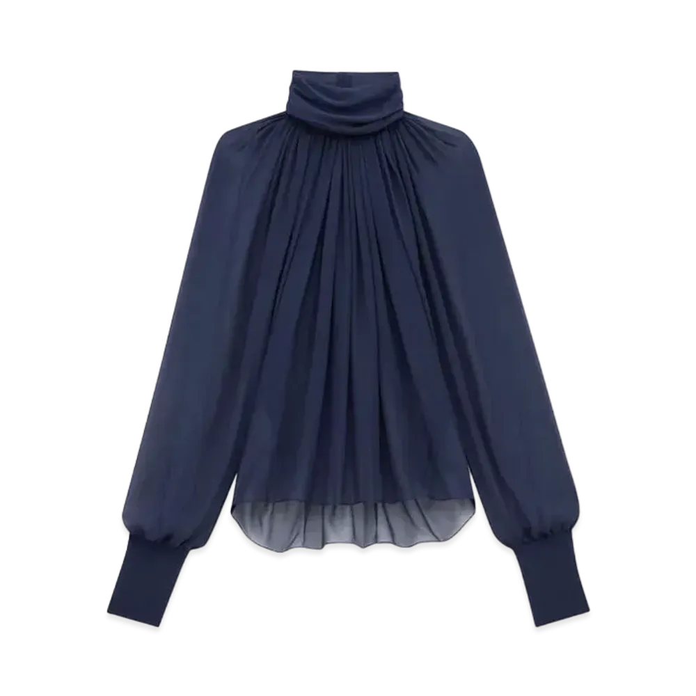 Saint Laurent Women's Turtleneck Blouse in Silk Muslin "Midnight Blue"