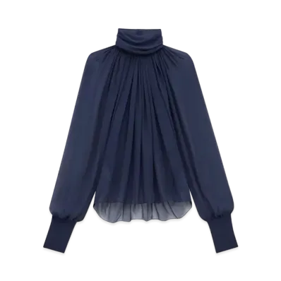 Saint Laurent Women's Turtleneck Blouse in Silk Muslin "Midnight Blue"