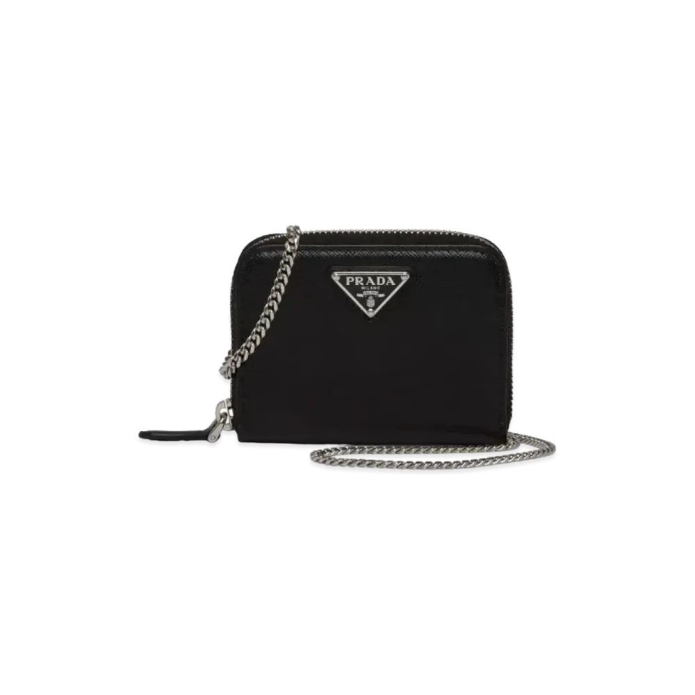 PRADA Saffiano Leather Card Holder With Shoulder Strap "Black"