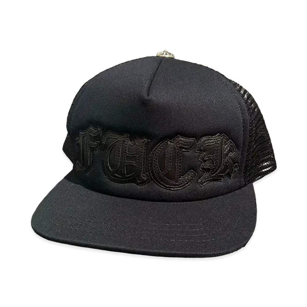  Chrome Hearts Fuck Leather Patch Trucker Cap (Scroll Label) "Black/Black"