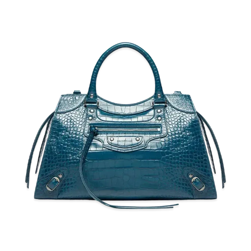 BALENCIAGA Neo Classic Medium Handbag In Extra Supple Crocodile Embroidered Calfskin "Dark Blue"