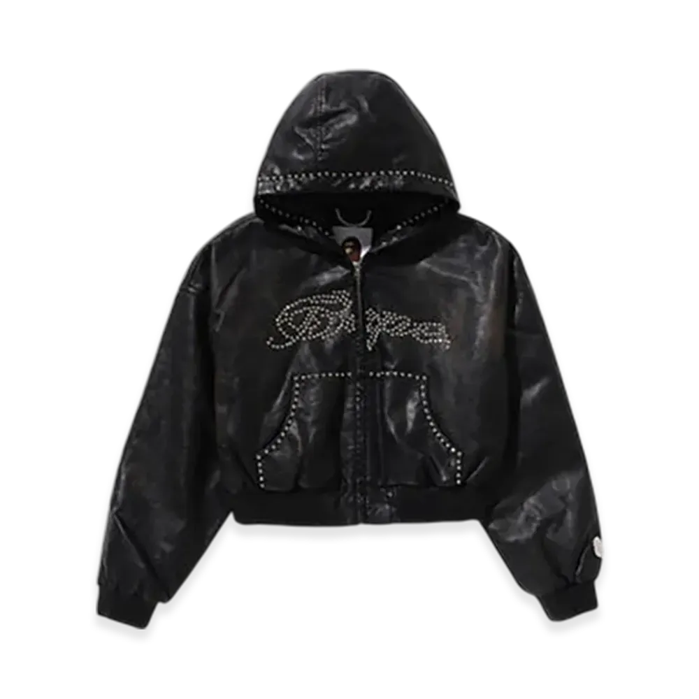 A BATHING APE Camo Embossed Washed Rhinestone Cropped Jacket "Black"
