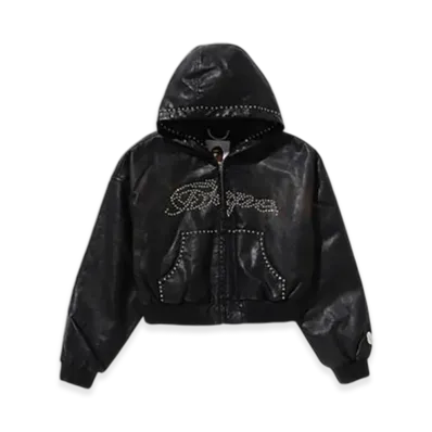 A BATHING APE Camo Embossed Washed Rhinestone Cropped Jacket "Black"