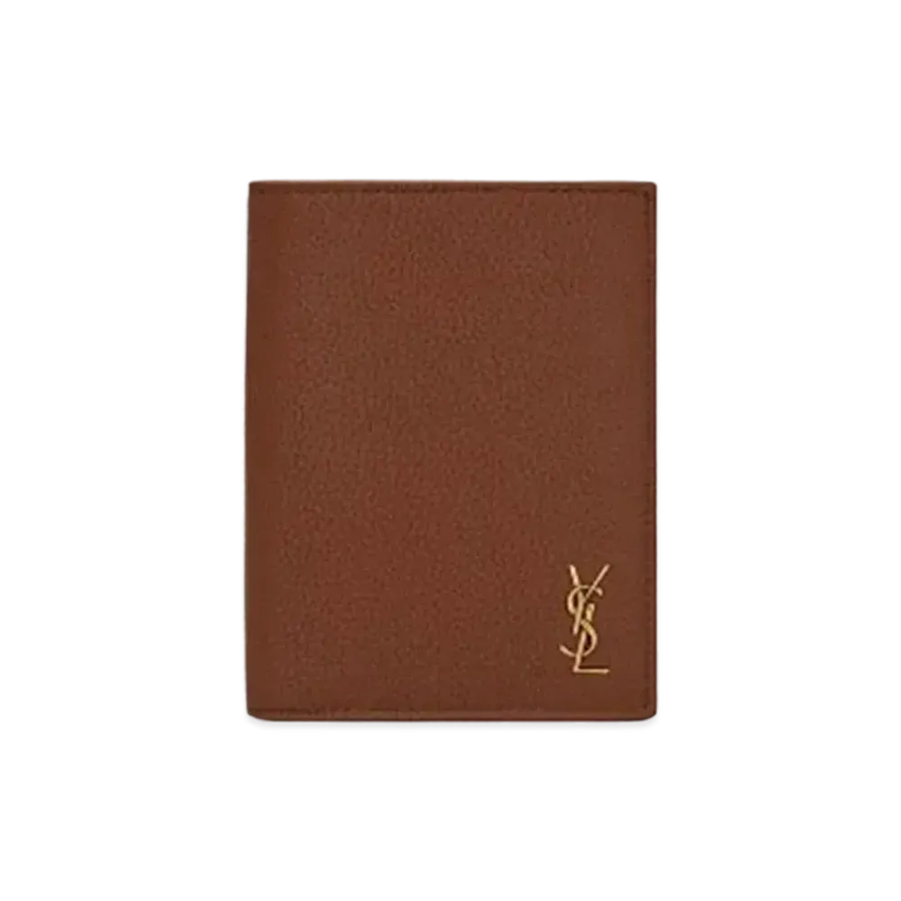 Saint Laurent Tiny Cassandre Credit Card Wallet In Grained Leather "Toasted Brown"