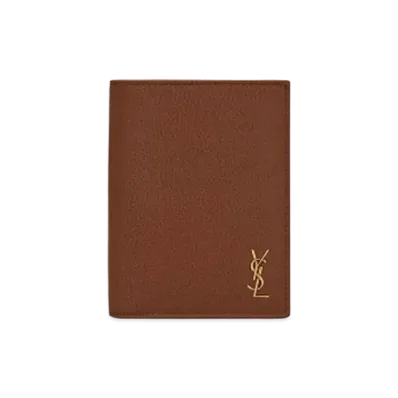Saint Laurent Tiny Cassandre Credit Card Wallet In Grained Leather "Toasted Brown"