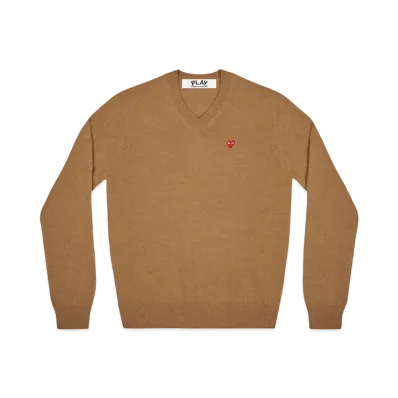 PLAY COMME des GARCONS V Neck Sweater With Small Red Heart "Brown"