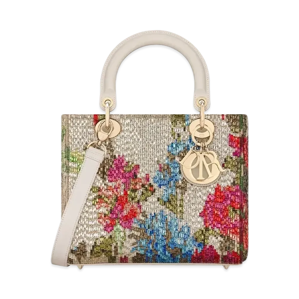 Dior Medium Lady D-Lite Bag Embroidery Blurred Flowers Coral Motif Glass Bugle Beads "Multicolor"