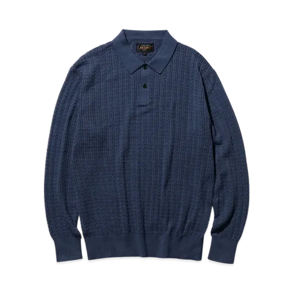BEAMS Knit Polo Cable "Navy"