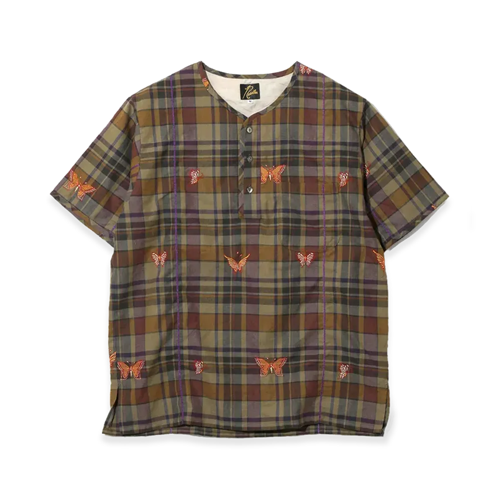 NEEDLES S/S Henry Neck Shirt - Emb MadrasPla "Brown"